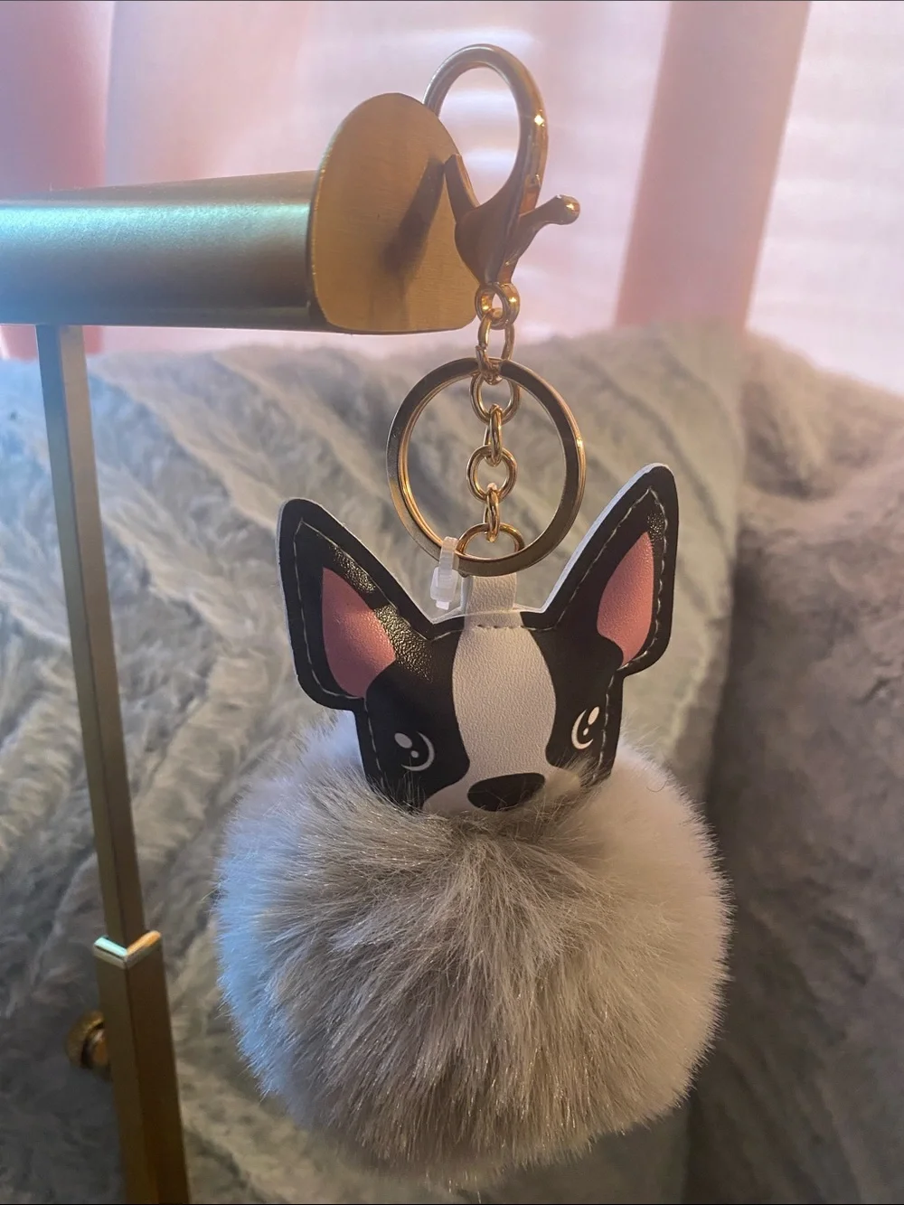Black & White French Bulldog Pom Pom bag charm.